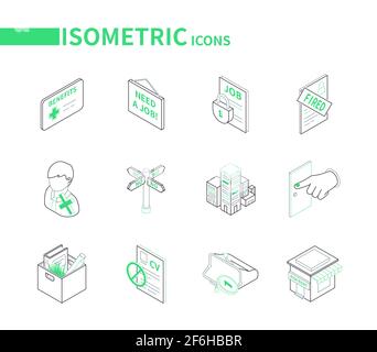 Chômage et crise - icônes isométriques de la ligne moderne. RH et idée de recherche d'emploi. Panneau tiré, pas d'argent dans un sac à main, maison à louer, a rejeté CV, o Illustration de Vecteur