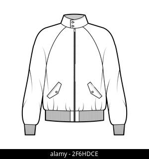 Veste Harrington Bomber zippée illustration technique de la mode avec poignets côtelés, taille, grandes manches raglan longues, poches à rabat. Avant modèle de couche plate, couleur blanche. Femmes hommes top maquette CAD Illustration de Vecteur