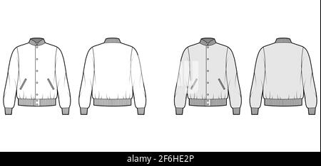 Veste Varsity Bomber illustration technique de la mode avec col de baseball côtelé, poignets, ceinture, poches à jets, boutons. Modèle de couche plate avant, arrière blanc, gris. Hommes femmes top CAD Illustration de Vecteur