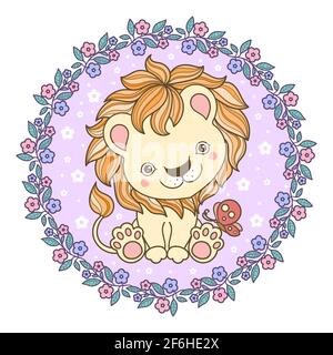 Mignon petit lion cub avec un papillon dans un cadre rond de fleurs. Illustration pour enfants. Vecteur Illustration de Vecteur