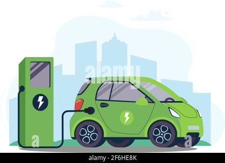 Batterie véhicule électrique branché et électricité provenant de générations d'énergie renouvelable. Véhicule en cours de charge. Voiture électrique sur la station de charge contre l'arrière-plan de la ville.illustration vectorielle, plat. Illustration de Vecteur