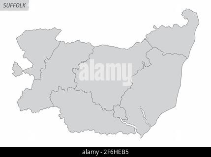 La carte isolée du comté de Suffolk est divisée en districts, en Angleterre Illustration de Vecteur