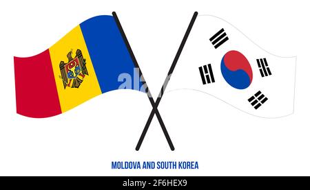 Les drapeaux de Moldavie et de Corée du Sud ont traversé et agité le style plat. Proportion officielle. Corriger les couleurs. Banque D'Images