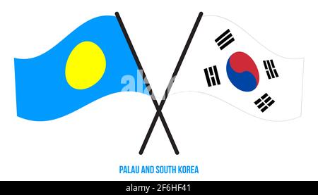 Palau et Corée du Sud drapeaux croisés et ondulant le style plat. Proportion officielle. Corriger les couleurs. Banque D'Images