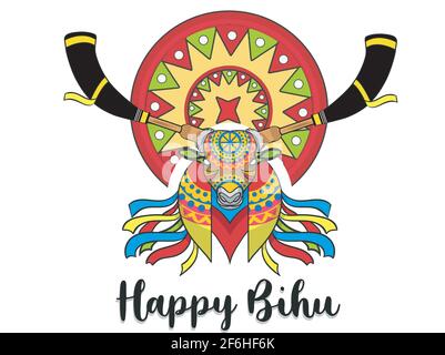 assam pepa ou bicorne de buffle d'assamese pepa avec le visage de buffle avec japi ou jaapi d'assam. happy bihu ou bihu instruments . Illustration de Vecteur