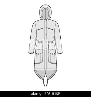 Parka manteau illustration technique de la mode avec capuche en fausse fourrure, manches longues, corps ajusté, longueur genou, poches à rabat. Modèle de veste plate sur le devant, style gris. Femmes, hommes, unisex top CAD maquette Illustration de Vecteur