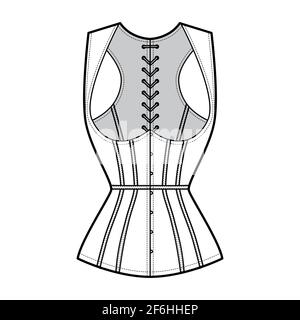 Gilet sans manches corset illustration technique de la mode avec sans manches, fermeture à laçage en cordon dans le dos, coupe près du corps, baleines. Modèle de vêtement plat sur le devant, style blanc. Femmes, hommes, unisex top CAD maquette Illustration de Vecteur