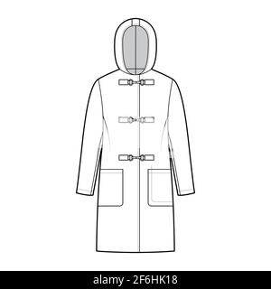 Manteau fermoir illustration technique de la mode avec manches longues, capuche, corps surdimensionné, poches plaquées, longueur genou. Modèle de veste plate sur le devant, style blanc. Femmes, hommes, unisex top CAD maquette Illustration de Vecteur