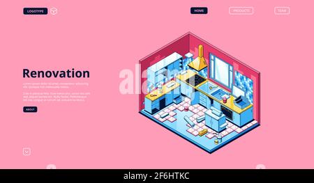 Bannière de rénovation. Service moderne pour la réparation et l'amélioration des intérieurs. Page d'arrivée vectorielle avec illustration isométrique de la cuisine maison avec meubles, carreaux de sol et outils pour la rénovation Illustration de Vecteur