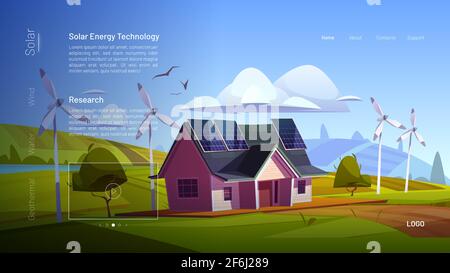 Page d'accueil de la bande dessinée sur la technologie de l'énergie solaire. Maison écologique avec panneaux solaires sur le toit. EcoFriendly maison bâtiment avec éoliennes, énergie renouvelable verte de production, architecture organique vecteur web bannière Illustration de Vecteur