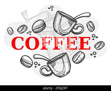 Grains de café et tasse avec moulin sur fond Illustration de Vecteur