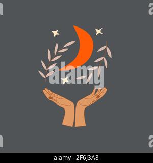 Les mains humaines tiennent le croissant de lune, des brindilles avec des feuilles et des étoiles. Résumé Art. Composition de fond bleu. Art moderne et tendance. Vecteur boho coloré illust Illustration de Vecteur