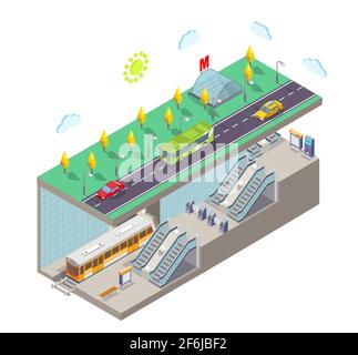 Station de métro, illustration vectorielle plate. Section transversale de la ville isométrique, entrée du métro, train, plate-forme de chemin de fer. Illustration de Vecteur