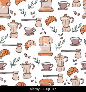 Motif sans couture dessiné à la main de différents types tasse à café, tasse, pot, machine à café. Style d'esquisse Doodle. Illustration vectorielle isolée pour café-restaurant, papier peint de café, arrière-plan, conception textile. Illustration de Vecteur