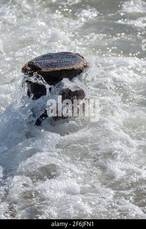 divise les vagues contre un poteau en bois dans la mer. Photo de haute qualité Banque D'Images