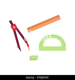 Règle, gomme, rapporteur, compas. Ensemble d'éléments pour les leçons de géométrie. Illustration vectorielle isolée en style plat. Retour à l'école Illustration de Vecteur