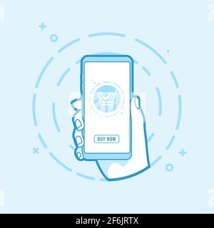 Concept d'achat en ligne. Main tenant l'icône du smartphone en ligne. Illustration de Vecteur