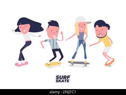 L'ensemble de skateboarders. Jeunes garçons et filles surfent sur le skateboard ou le surf. Personnes sur patins. Personnage de dessin animé amusant. Illustration de Vecteur