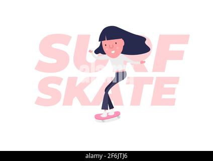 Une jeune femme fait du surf avec un skateboard ou du surf. Personnage de dessin animé amusant. Illustration de Vecteur