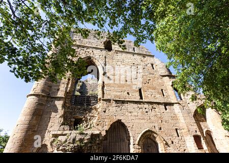 Les ruines du château de Knaresborough sur une falaise au-dessus de la rivière Nidd à Knaresborough, dans le nord du Yorkshire Banque D'Images