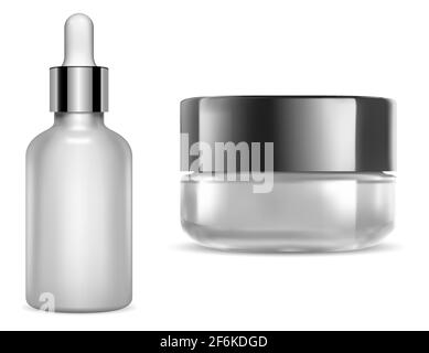 Pot à crème, compte-gouttes de sérum. Pack crème rond, maquette de flacon de lotion en verre transparent. Pot de maquillage pour l'identité de marque. Boîte de beauté réaliste, peau Illustration de Vecteur
