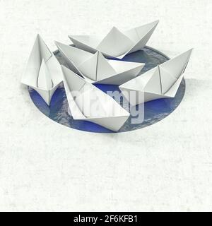 groupe de bateaux en papier à l'origami dans un petit bassin d'eau. rendu 3d Banque D'Images