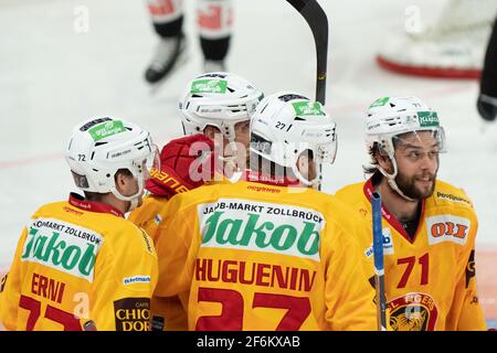 01.04.2021, Porza, Corner Arena, Ligue nationale: HC Lugano - SCL Tigers, Tigers fête les 1-0 (Suisse/Croatie) Banque D'Images