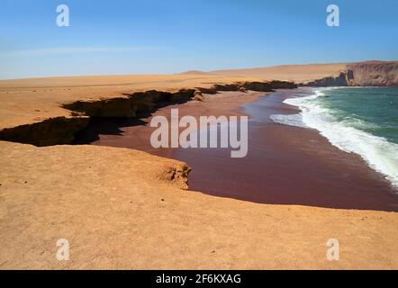 La plage Rouge ou Playa Roja avec mousse blanche de l'océan Pacifique, Réserve nationale de Paracas, ICA, Pérou Banque D'Images