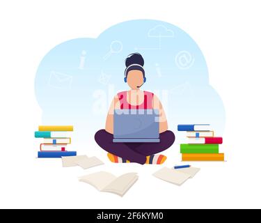 Young woman working on laptop at home Illustration de Vecteur