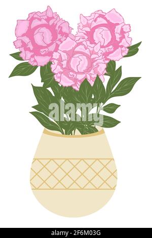 Vase avec fleurs. Un récipient avec un bouquet de pivoines. Grand jardin de fleurs roses avec feuilles, vecteur. Illustration de Vecteur