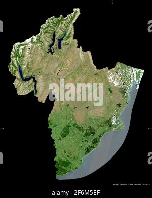Otago, conseil régional de Nouvelle-Zélande. Imagerie satellite Sentinel-2. Forme isolée sur noir. Description, emplacement de la capitale. Contient modifié Banque D'Images