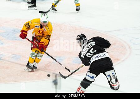 01.04.2021, Porza, Corner Arena, Ligue nationale: HC Lugano - SCL Tigers, blockshot de #33 Keijo Weibel (Tigers) (Suisse/Croatie OUT) Banque D'Images