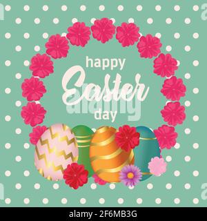 Arrière-plan de vente de pâques modèle avec de belles fleurs de printemps et les oeufs colorés. Vector illustration. Illustration de Vecteur