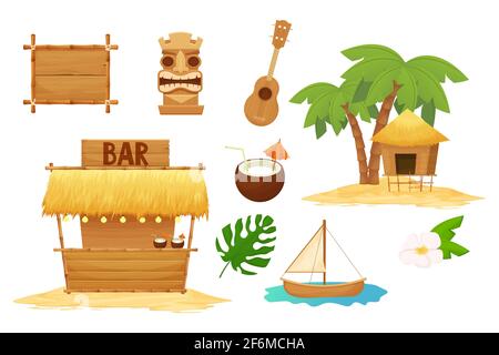 Hawaiian ensemble de vacances éléments traditionnels dans le style de dessin animé isolé dans fond blanc. Bar de plage avec paille, parapluie, cadres et décorations en bois, ukulele, lampe de bambou, masque tiki et hibiscus. Illustration vectorielle Illustration de Vecteur