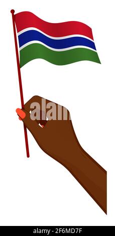 La main femelle tient doucement le petit drapeau de la Gambie. Élément de design des fêtes. Vecteur de dessin animé sur fond blanc Illustration de Vecteur