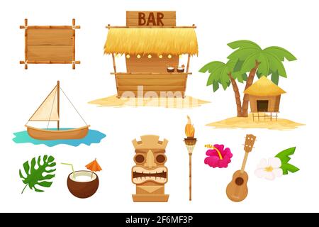 Hawaiian ensemble de vacances éléments traditionnels dans le style de dessin animé isolé dans fond blanc. Bar de plage avec paille, parapluie, cadres et décorations en bois, ukulele, lampe de bambou, masque tiki et hibiscus. Illustration vectorielle Illustration de Vecteur