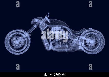 Élément filaire de moto composé de lignes bleues sur fond sombre. Vue latérale. 3D. Illustration vectorielle. Illustration de Vecteur