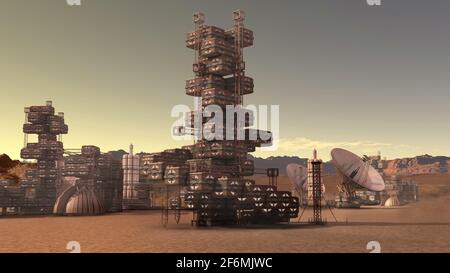 Illustration 3D d'une colonie Mars, sur un terrain rocailleux rouge avec des antennes industrielles, modulaires, d'architecture et de communication, pour la science-fiction ou Banque D'Images