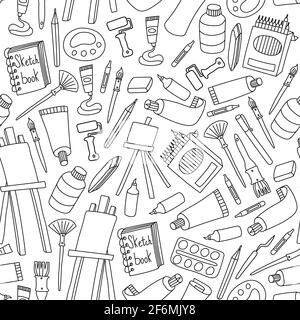 L'art fournit un motif sans couture. Outils dessinés à la main avec contour noir pour peintres sur fond blanc. Illustration vectorielle. Illustration de Vecteur