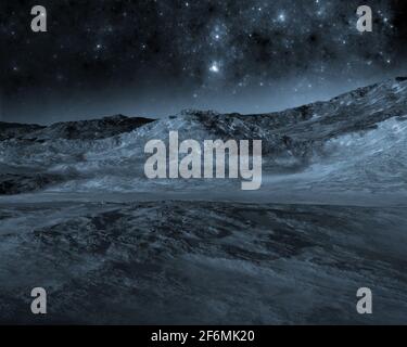 Illustration 3D d'un panorama de planète semblable à la Lune avec paysage aride et collines rocheuses, pour les environnements d'illustration 3D. Banque D'Images
