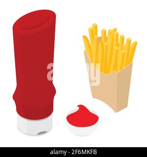 Frites, pommes de terre frites bouteille de ketchup à la tomate et bol avec sauce ketchup. Vecteur. Vue isométrique Illustration de Vecteur