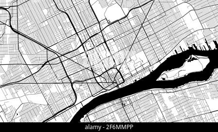 Carte d'arrière-plan à vecteur noir et blanc, rues de la région de Detroit et illustration de la cartographie de l'eau. Format écran large, design numérique plat rue Illustration de Vecteur