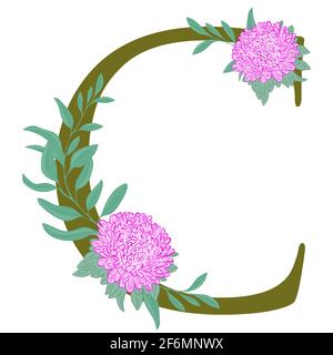 Lettre majuscule c. Une lettre de l'alphabet décorée de fleurs et de feuilles. Stylisation de l'écriture avec des fleurs. Asters roses.Vector. Illustration de Vecteur