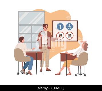 Homme et femme assis en classe, apprentissage de la théorie de la conduite, signalisation routière, règles de circulation vecteur illustration plate. Les conducteurs de personnage masculin apprennent des leçons de conduite. Les personnes réussissent ou se préparent aux examens. Illustration de Vecteur