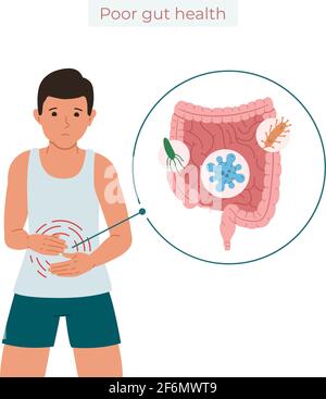 Illustration vectorielle d'un type souffrant de douleurs abdominales, le concept d'empoisonnement ou de diarrhée causée par des micro-organismes Illustration de Vecteur