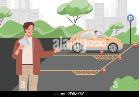 Instructeur de voiture enseignant à un jeune homme de conduire une voiture pendant les leçons de conduite illustration vectorielle plate. Concept d'école de conduite. Homme apprenant à conduire ou à passer des examens pour un permis de conduire. Illustration de Vecteur