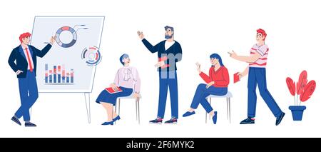 Séminaire d'entreprise ou scène de formation d'entreprise avec présentation du présentateur, illustration vectorielle plate isolée sur fond blanc. Motivation Illustration de Vecteur