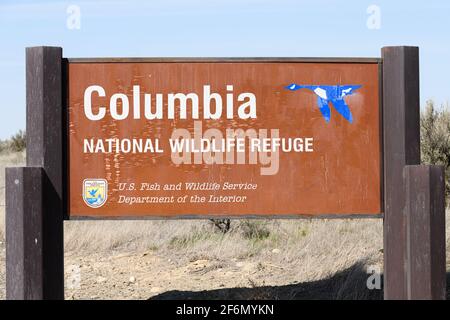 Othello, WA, États-Unis - 31 mars 2021 ; panneau de la réserve naturelle nationale de Columbia près de l'État de Washington d'Othello Banque D'Images