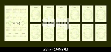 Calendrier 2024 dans un style tendance et naturel délicat, orné de feuilles de branches dessinées à la main. Ensemble de 12 mois séparés. Format vertical. Couleur vert pastel clair. La semaine commence le dimanche. Illustration de Vecteur