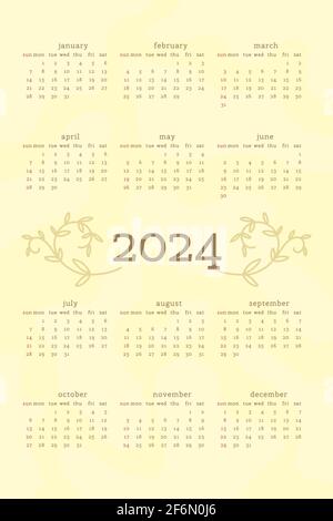 Calendrier 2024 dans un style tendance et naturel délicat décoré de feuilles de branches fleuries à la main. Format vertical. Couleur vert pastel clair. La semaine commence le dimanche. Illustration de Vecteur